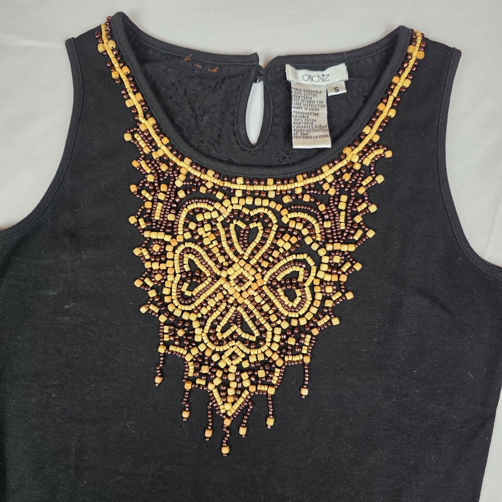 VTG Cache Black Cotton Beaded Tank Top Small Boho Wood Bead Keyhole Sleeveless